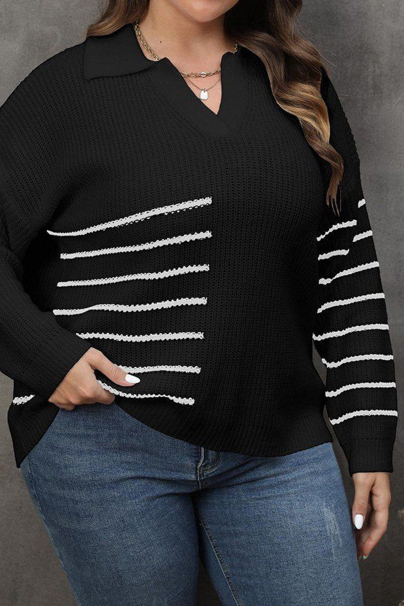 WOMEN PLUS SIZE STRIPE PATTERN KNIT SWEATER<br>
100% ACRYLIC