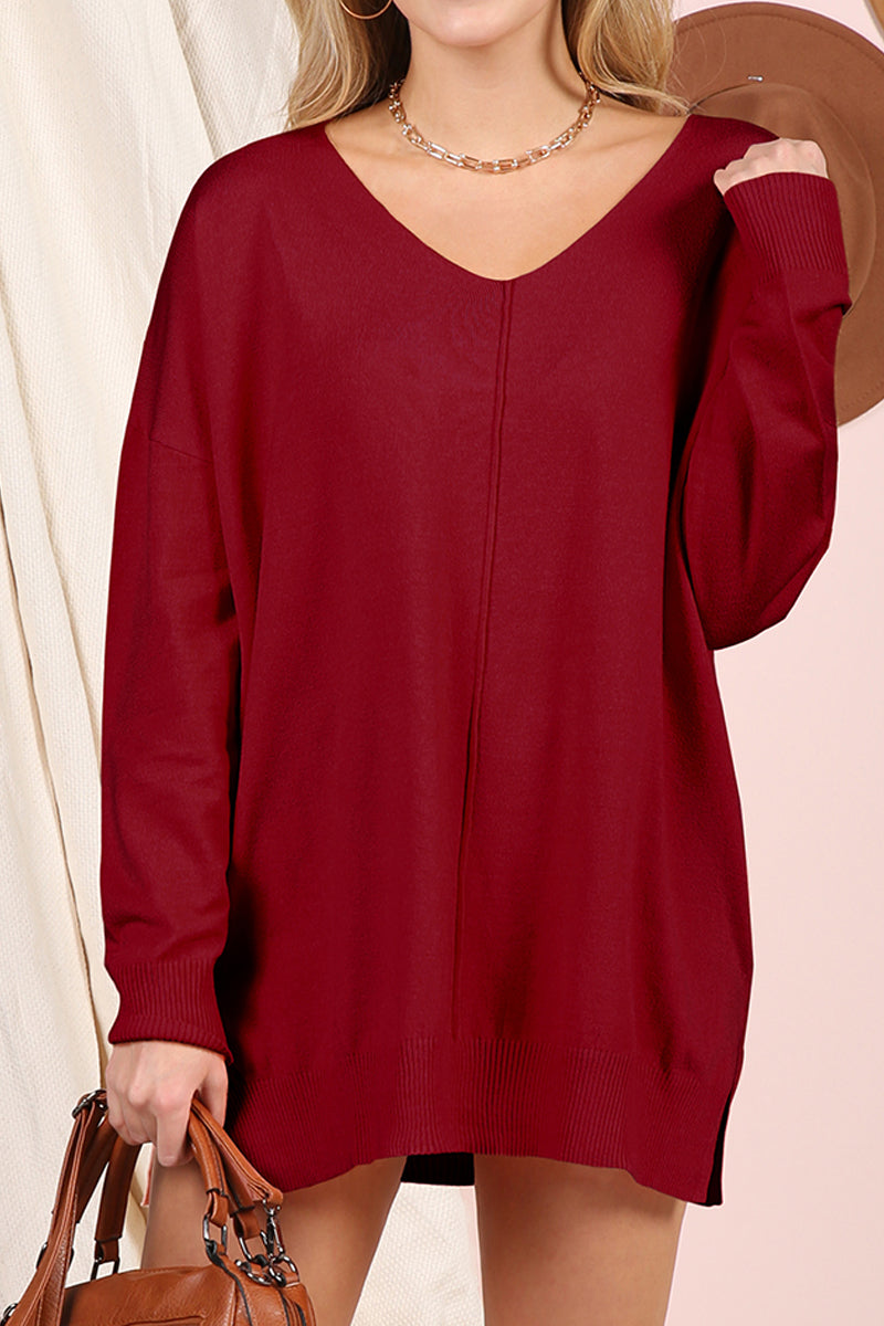 V NECK LOOSE FIT TUNIC LENGTH SOFT SWEATER TOP