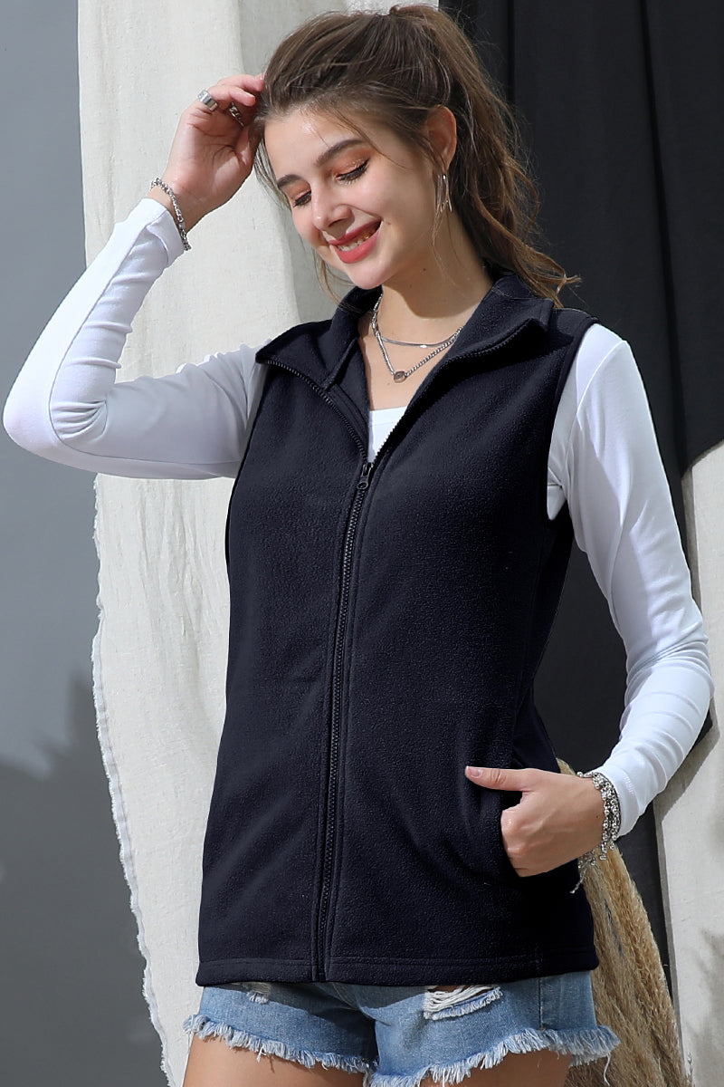 SHORT COLLAR ZIP UP CASUAL FLEECE VEST WITH POCKTS