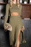 SEXY PLEATED SLIT SWEATER SKIRT WITH CROP TOP SET