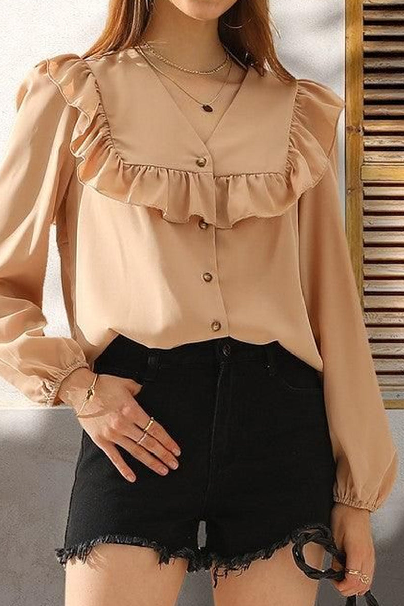 RUFFLED LACE POINT BUTTON UP LONG SLEEVE BLOUSE