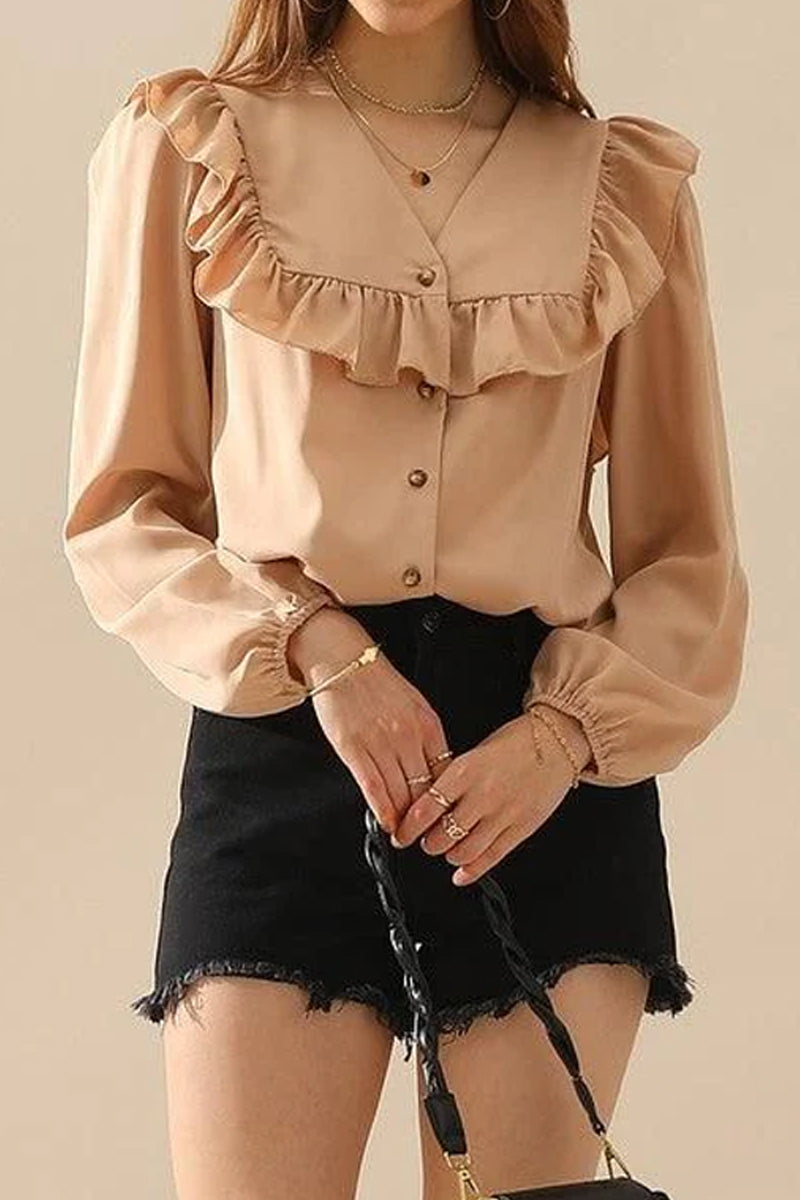 RUFFLED LACE POINT BUTTON UP LONG SLEEVE BLOUSE