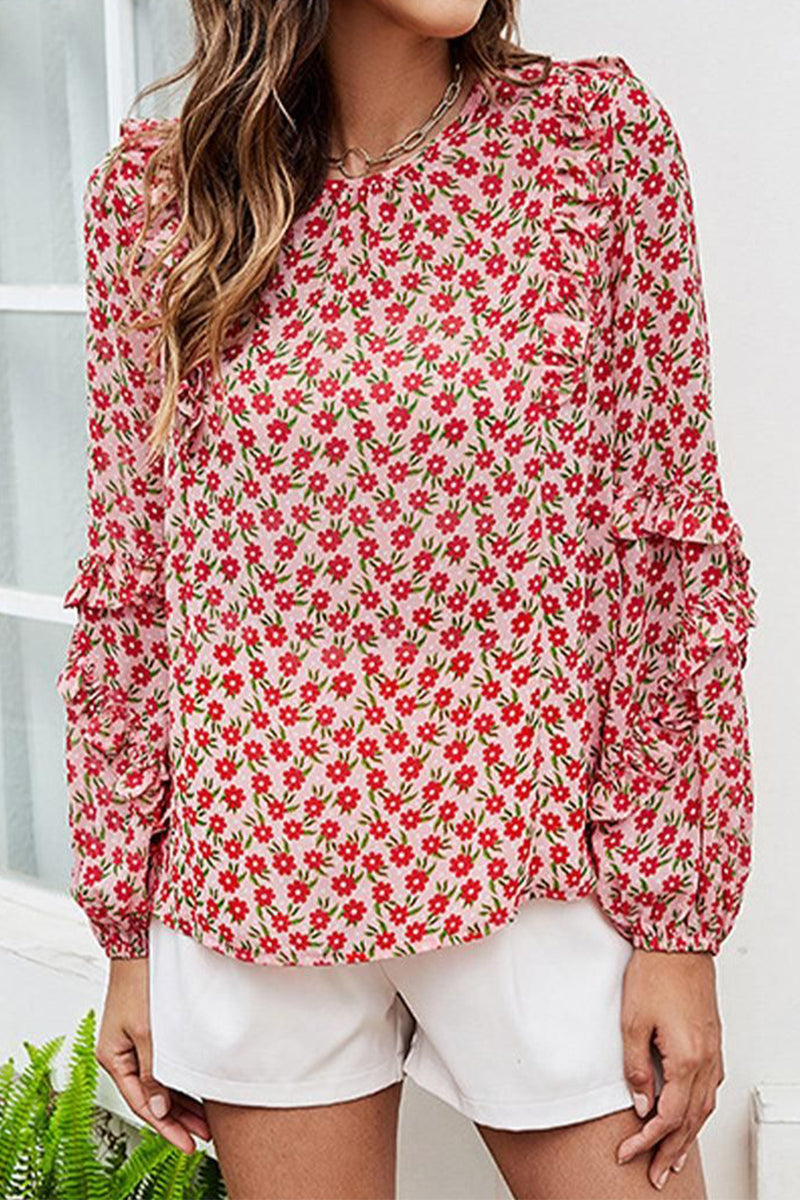 WOMEN RUFFLE SLEEVE CREW NECK FLORAL BLOUSE