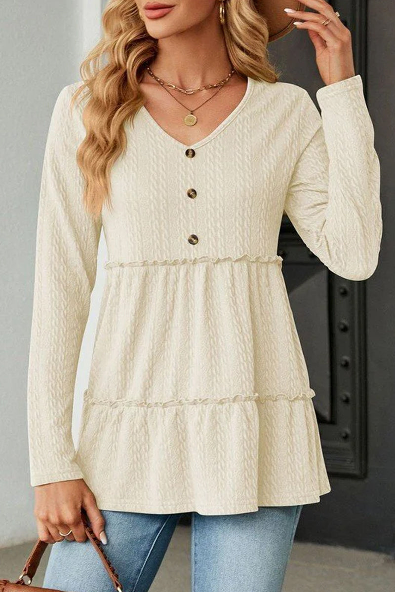 WOMEN BUTTONED NECK SHIRRED LONG SLEEVE TUNIC TOP