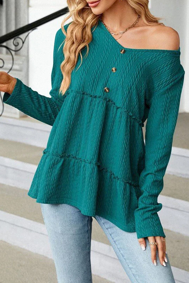 WOMEN BUTTONED NECK SHIRRED LONG SLEEVE TUNIC TOP