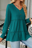 WOMEN BUTTONED NECK SHIRRED LONG SLEEVE TUNIC TOP