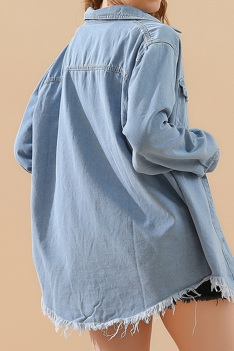 DISTRESSED DENIM LONG SLEEVE POCKET SHIRTS