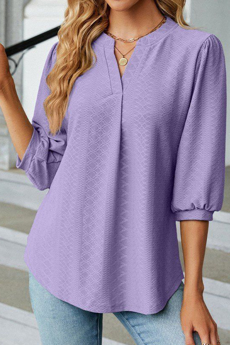 WOMEN RIBBED 3/4 SLEEVE PATTERN STITCHED BLOUSE