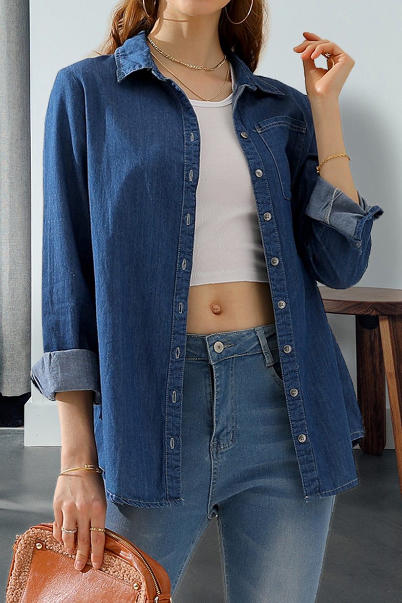 DENIM CHAMBRAY BUTTON UP LONG SLEEVE TOP