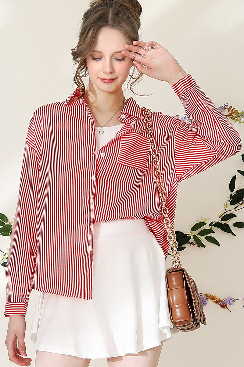 BUTTON DOWN VERTICAL STRIPE ONE POCKET SHIRTS