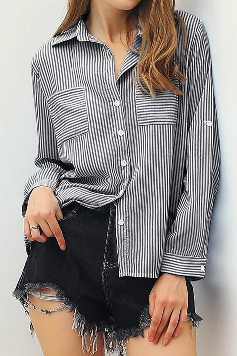 BUTTON DOWN VERTICAL STRIPE TWO POCKETS SHIRTS