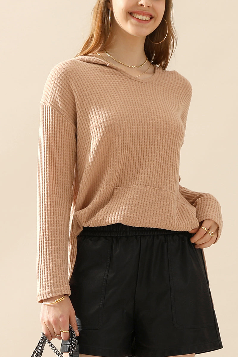 V NECK HOODIE AND POCKET PULLOVER SWEATER KNIT TOP