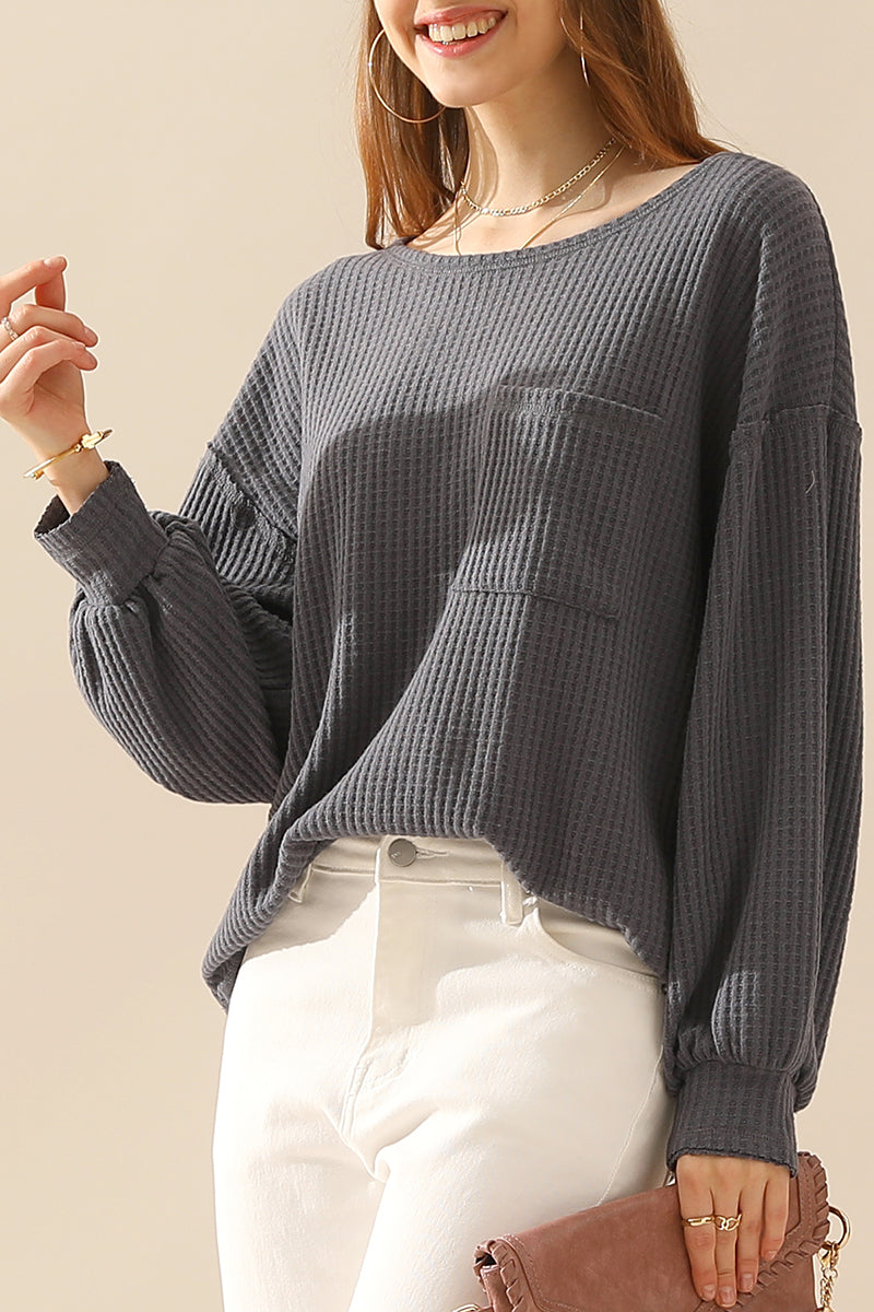 R NECK SHIRING CUFF SWEATER KNIT TOP