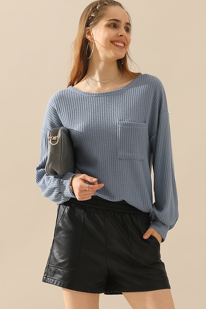 R NECK SHIRING CUFF SWEATER KNIT TOP