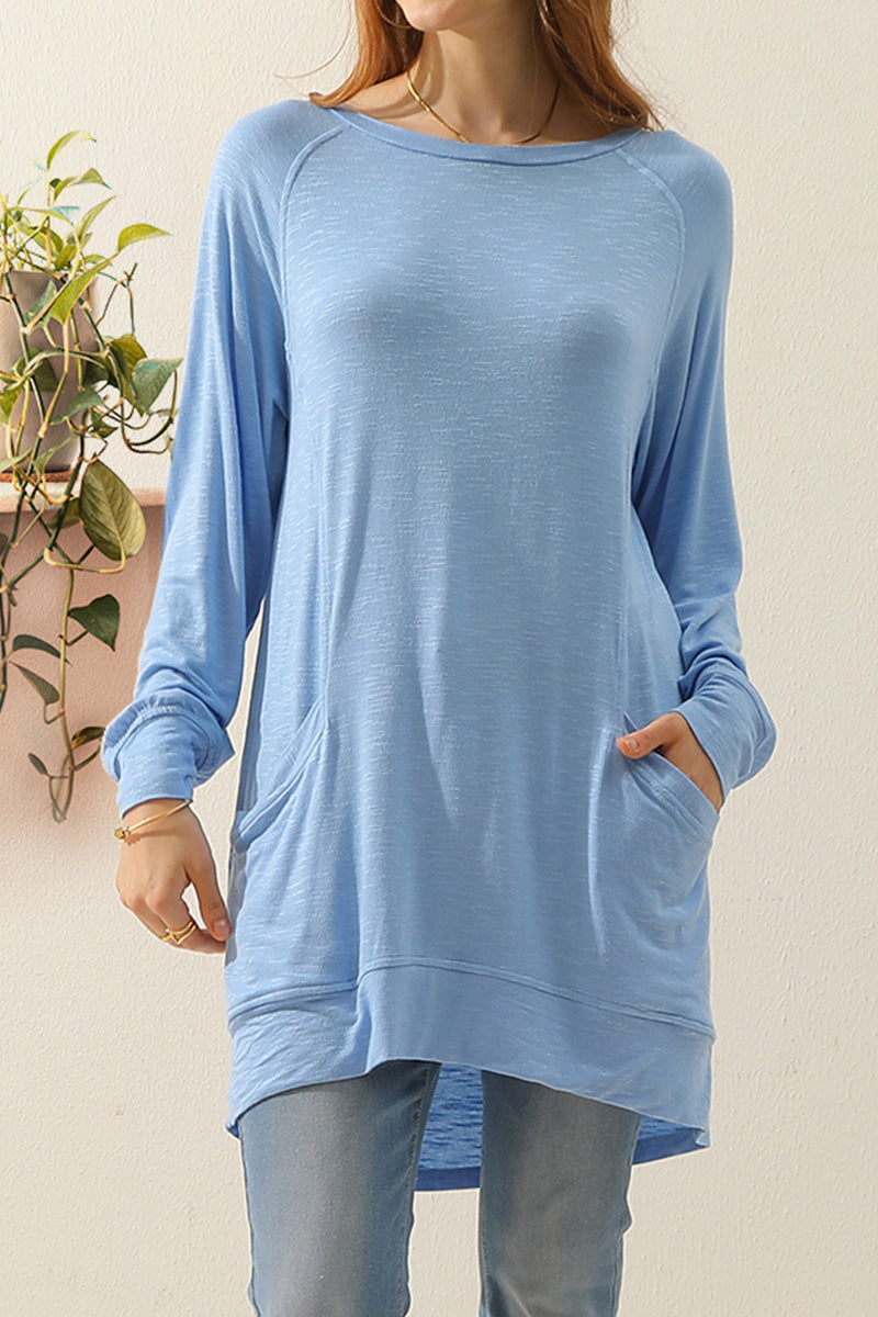 R NECK LONG SLEEVE SLUB LONG KNIT TOP WITH POCKETS