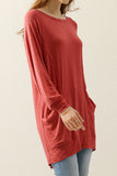 R NECK LONG SLEEVE SLUB LONG KNIT TOP WITH POCKETS