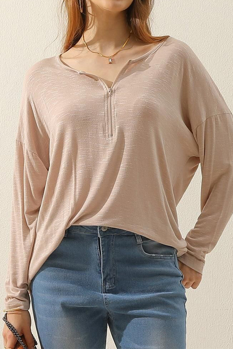 ZIP-UP R NECK LONG SLEEVE SLUB TUNIC TOP