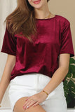 SHORT SLEEVE ROUND NECK VELVET CASUAL TUNIC TOP