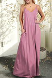 WOMENS SLEEVELESS CAMISOLE NECKLINE MAXI DRESS WITH SPAGHETTI STRAP AND 2 SIDE HAND POCKETS