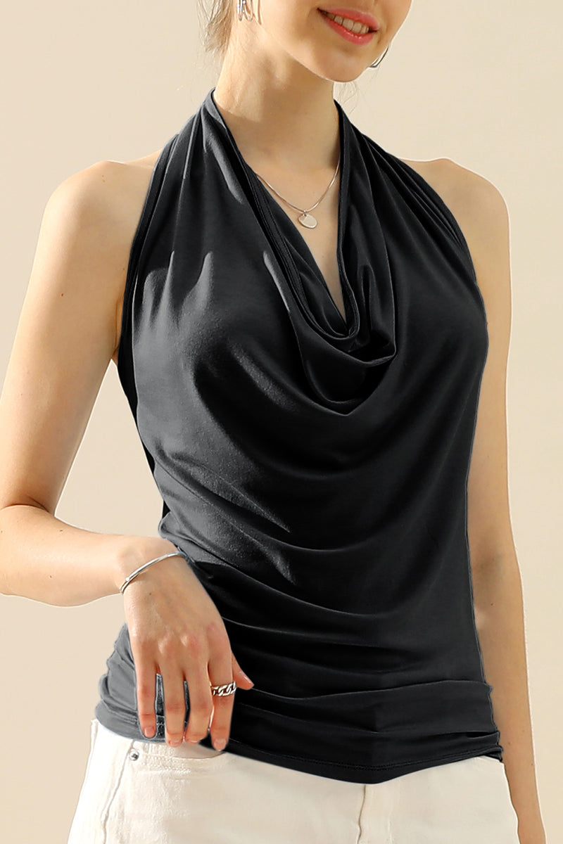 WOMENS SLEEVELESS HALTER NECK TIGHT FITTING DRAPED BLOUSE