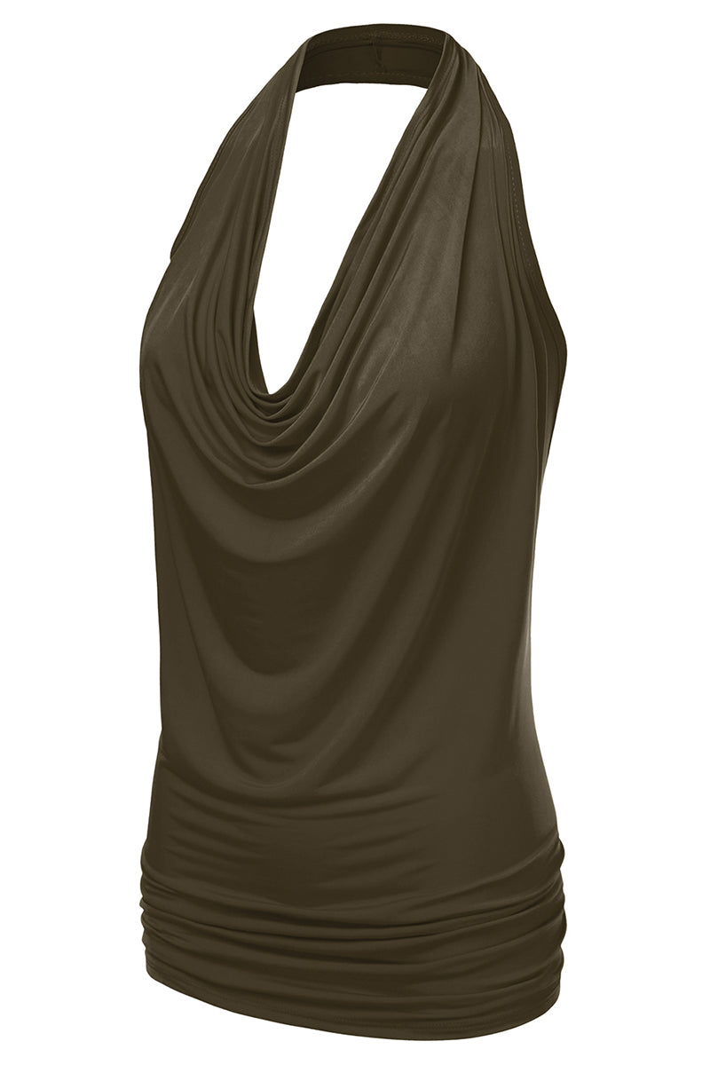 WOMENS SLEEVELESS HALTER NECK TIGHT FITTING DRAPED BLOUSE