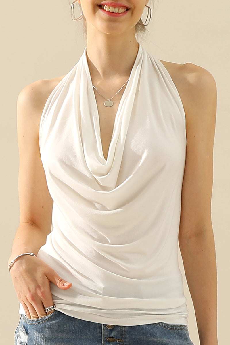 WOMENS SLEEVELESS HALTER NECK TIGHT FITTING DRAPED BLOUSE