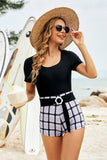 PLAID PANTS BELTED FULL BODY SWIMSUIT - Doublju