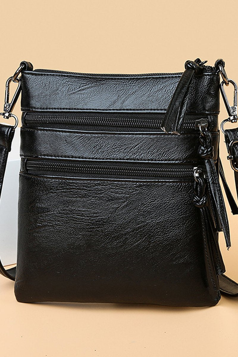 SOFT LEATHER VERTICAL ZIPPER SHOULDER BAG