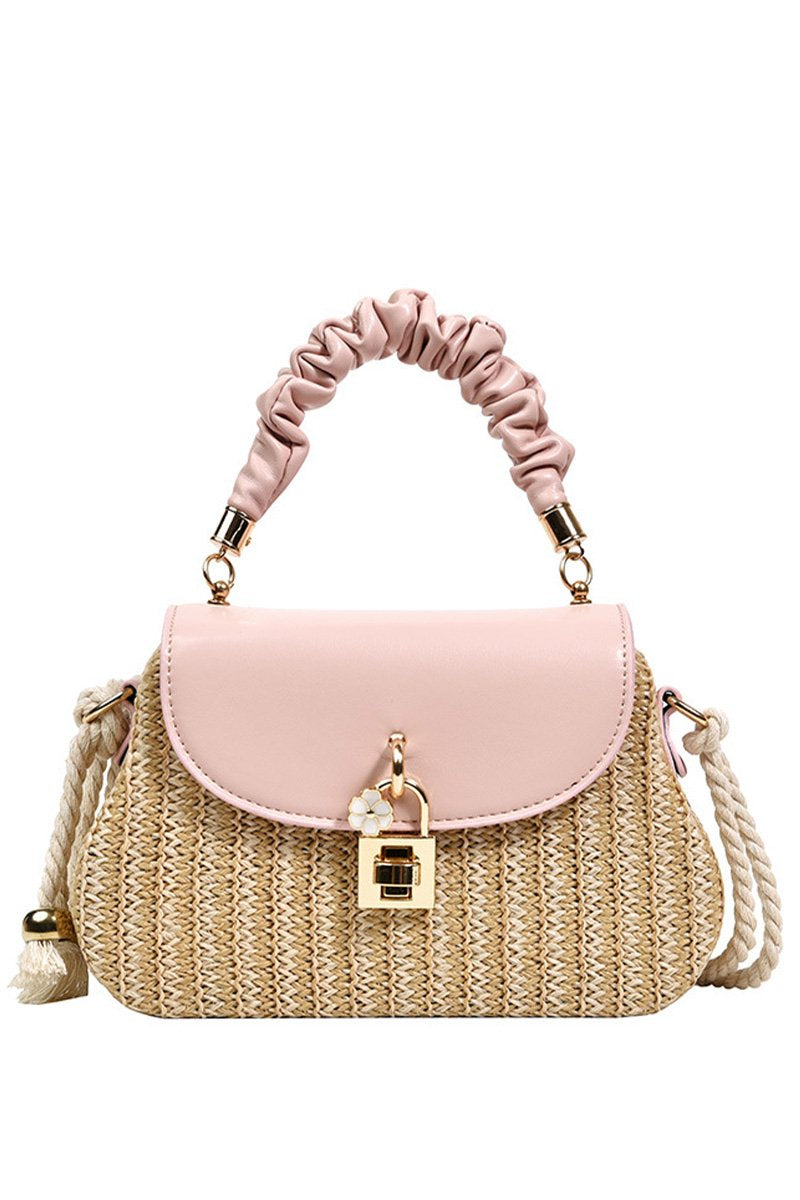 WRINKLED HANDLE RATAN BOX CROSS BAG