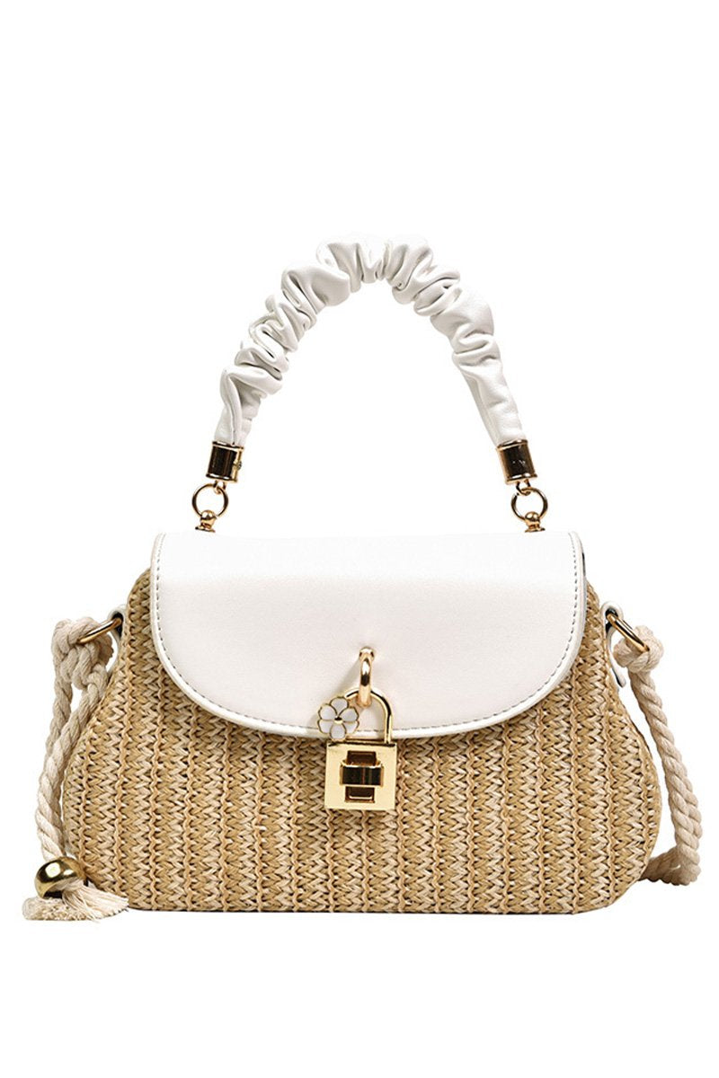 WRINKLED HANDLE RATAN BOX CROSS BAG