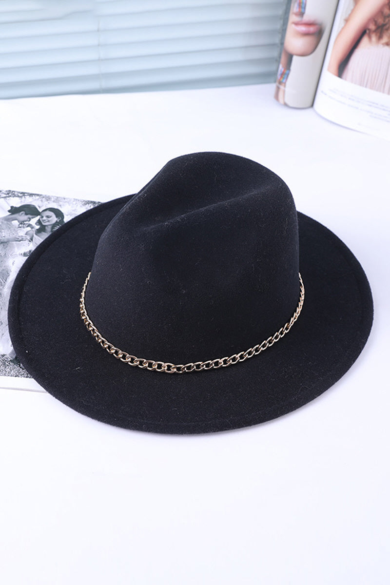 WOMEN CHAIN WIDE-BRIMMED FELT HAT FEDORA