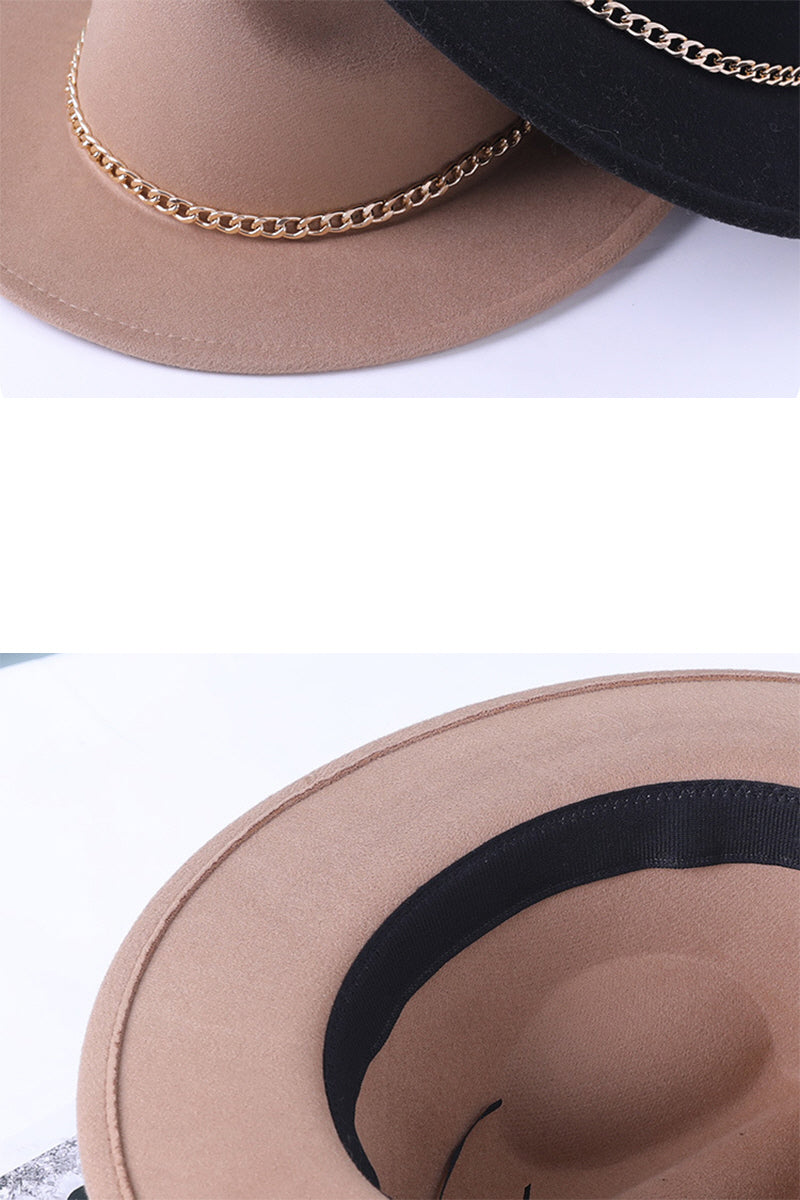 WOMEN CHAIN WIDE-BRIMMED FELT HAT FEDORA