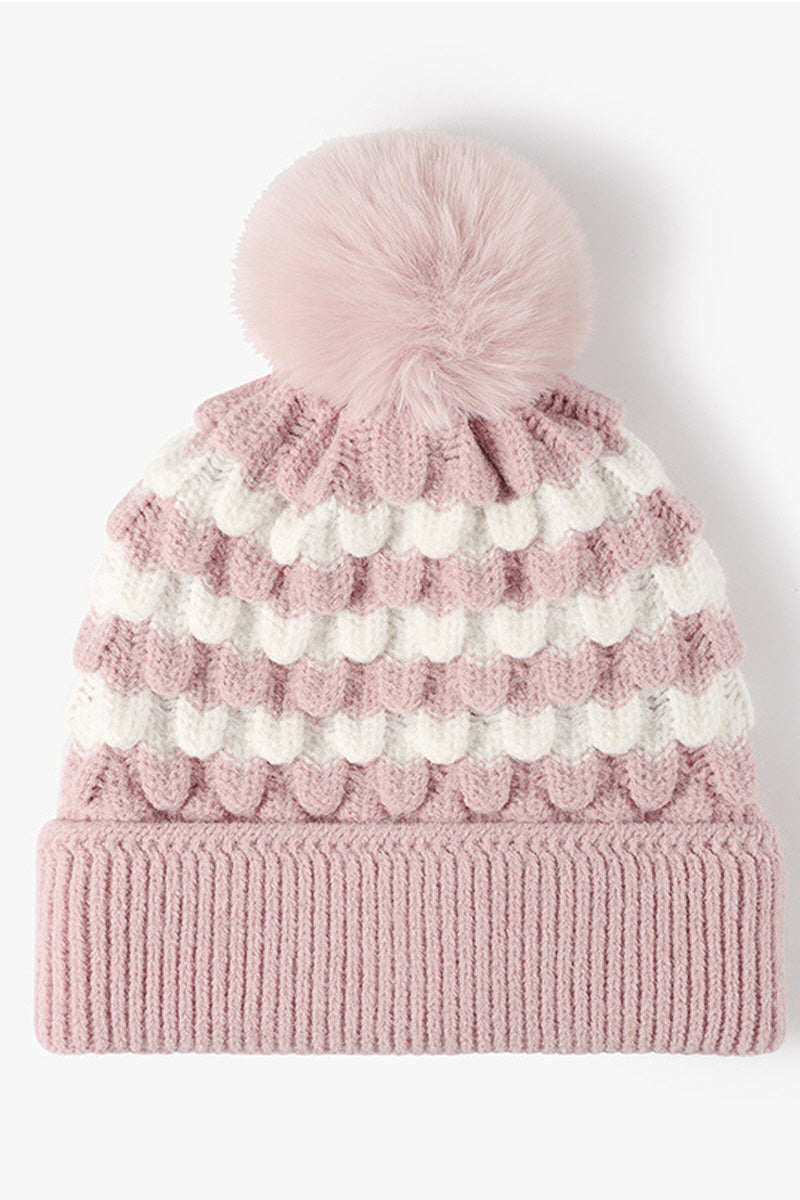 WOMEN FASHION FUR BALL COLOR MATCHING KNIT HAT