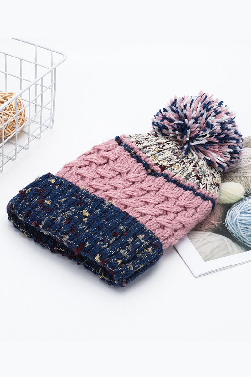 WOMEN COLOR MATCHING KNITTED SOFT HAT WITH BALL