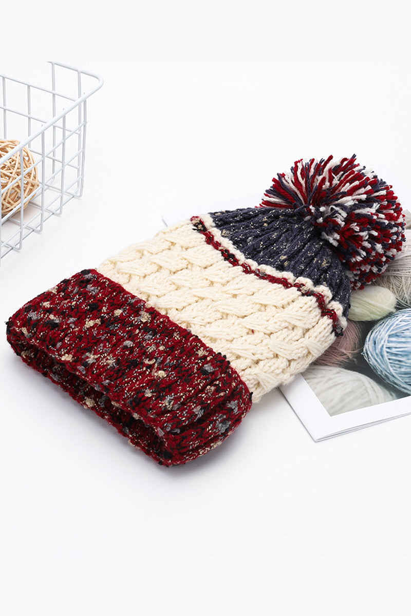 WOMEN COLOR MATCHING KNITTED SOFT HAT WITH BALL