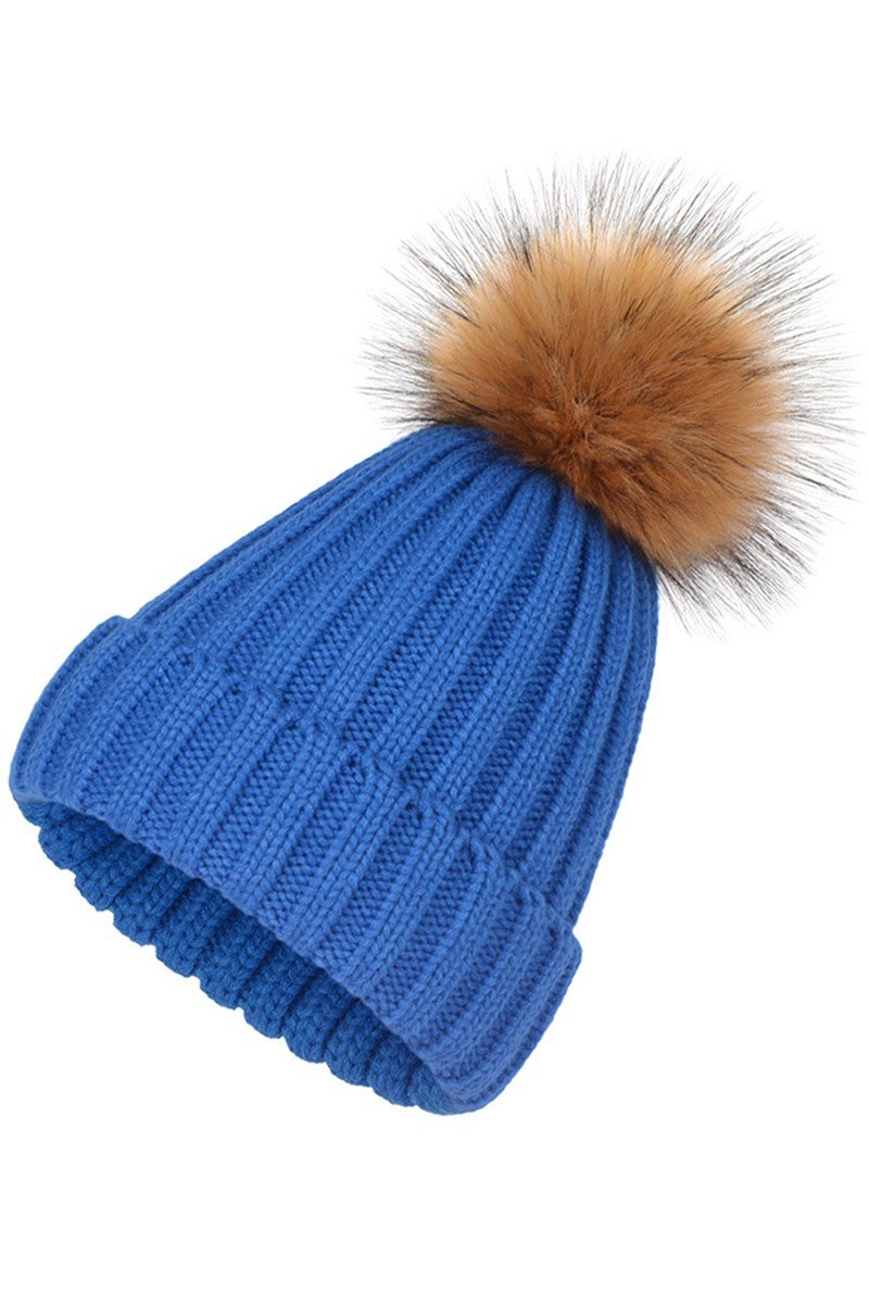 FLUFFY BALL SOLID FLIP KNIT BEANIE