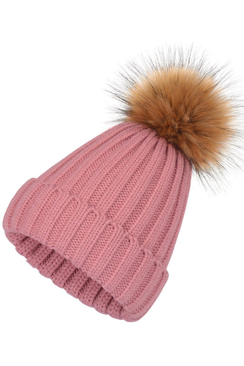 FLUFFY BALL SOLID FLIP KNIT BEANIE