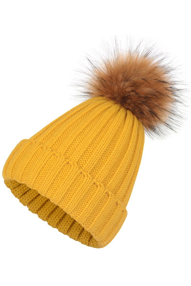 FLUFFY BALL SOLID FLIP KNIT BEANIE