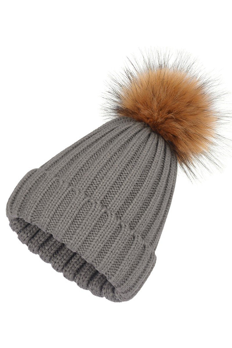 FLUFFY BALL SOLID FLIP KNIT BEANIE