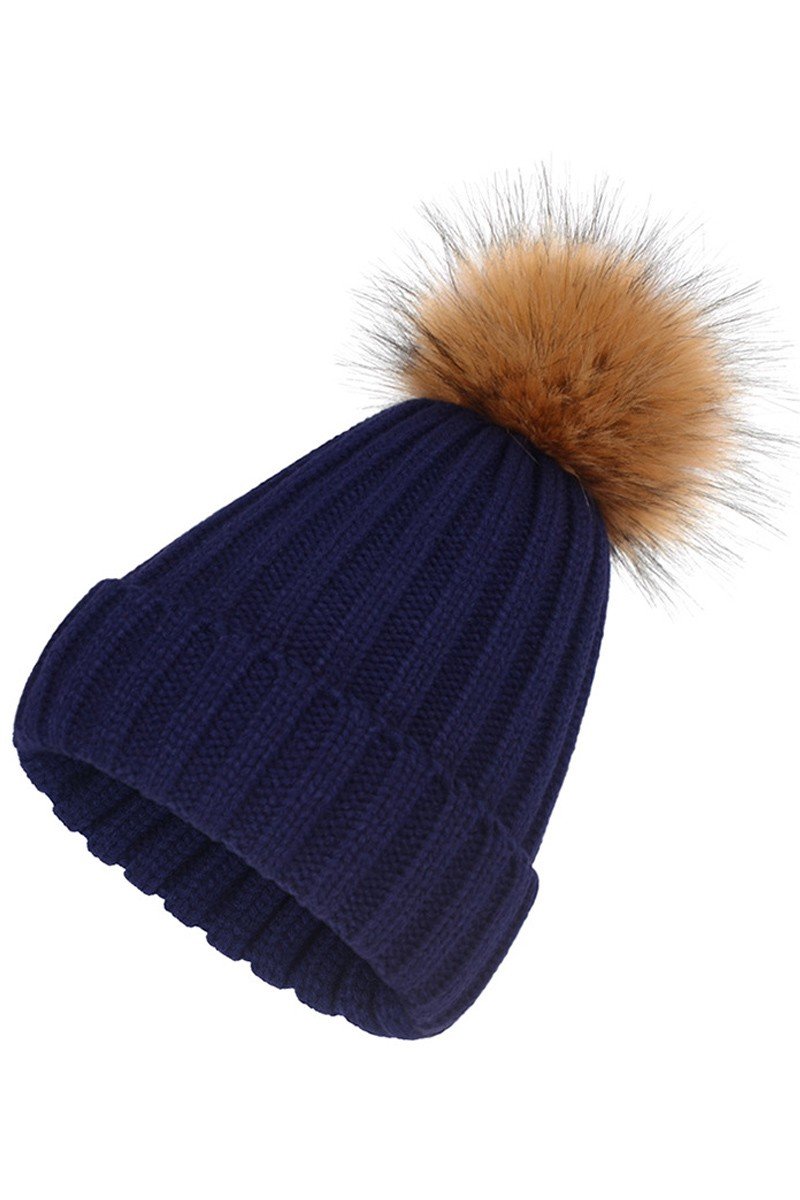 FLUFFY BALL SOLID FLIP KNIT BEANIE