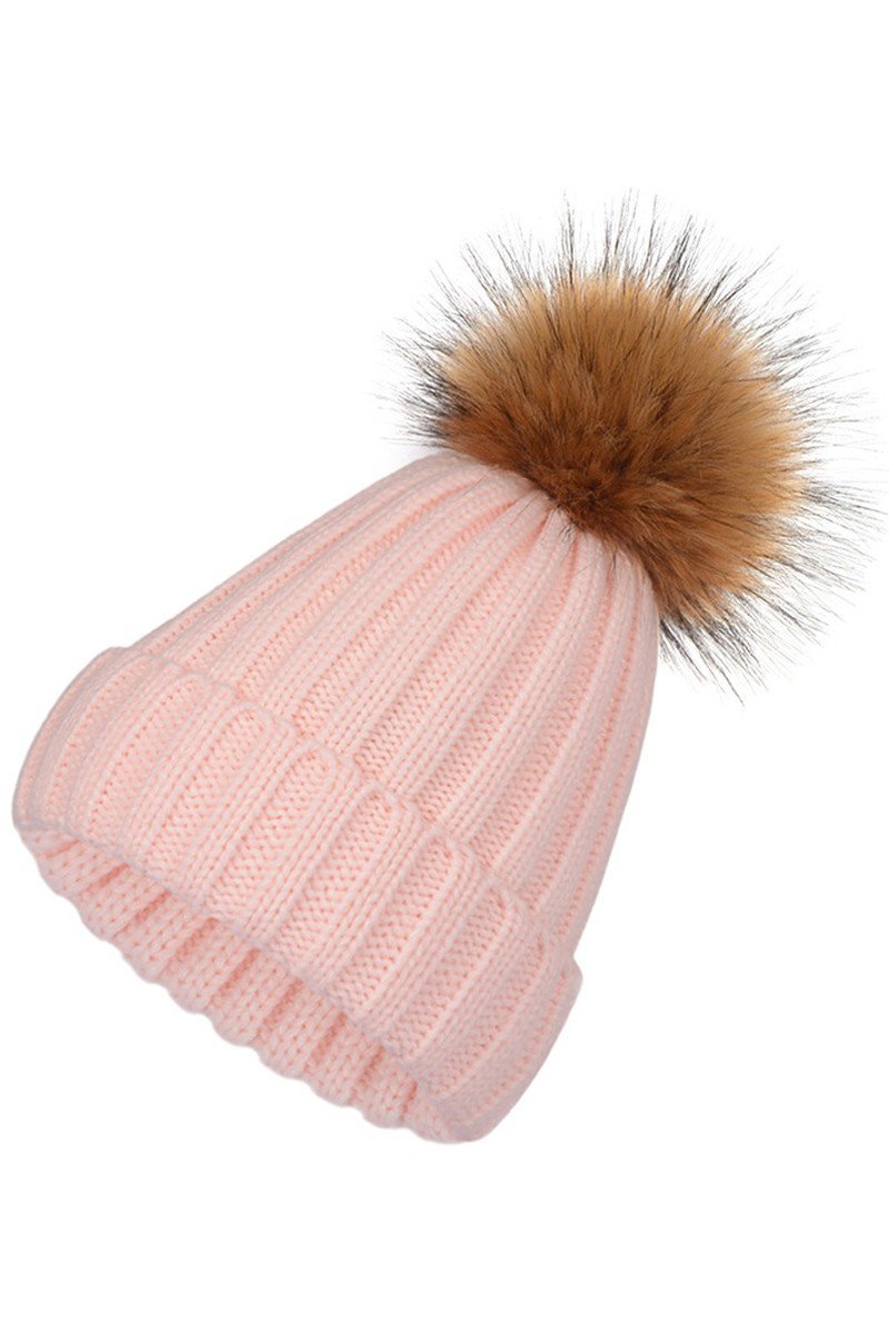 FLUFFY BALL SOLID FLIP KNIT BEANIE