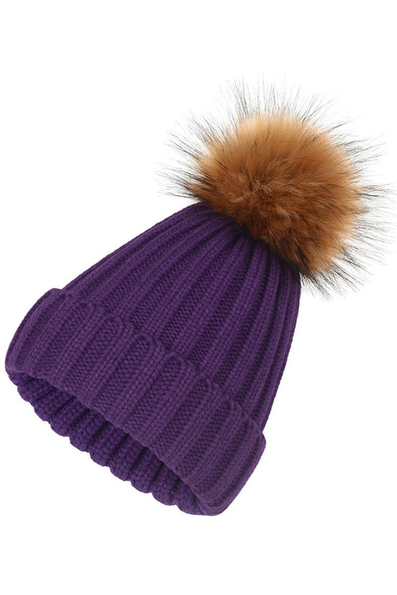 FLUFFY BALL SOLID FLIP KNIT BEANIE