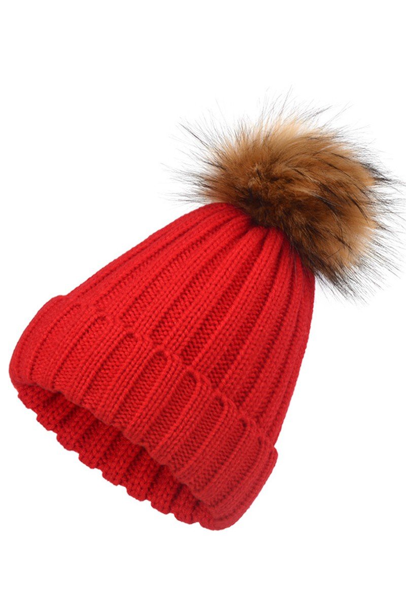 FLUFFY BALL SOLID FLIP KNIT BEANIE