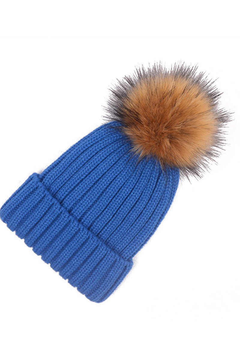 FLUFFY BALL SOLID FLIP KNIT BEANIE