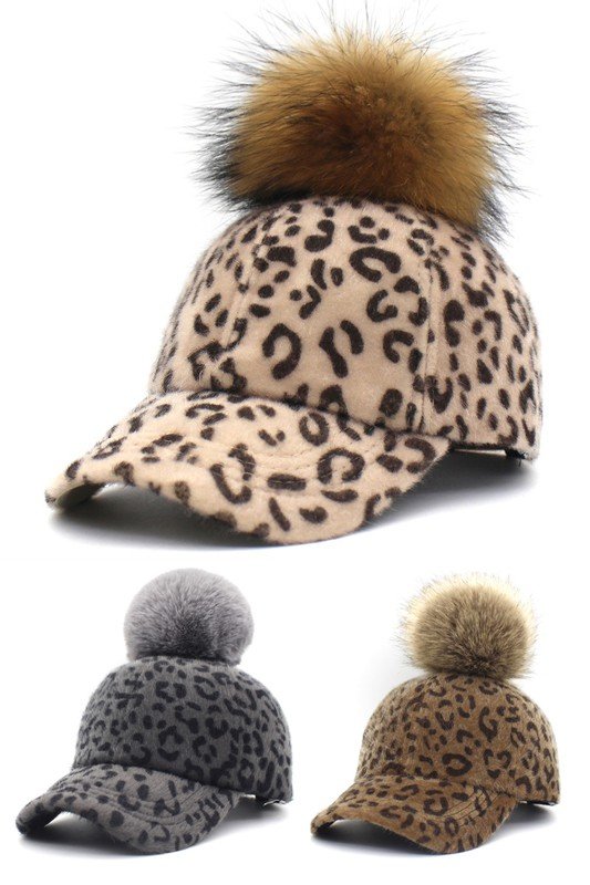 LEOPARD ANIMAL PRINTING FURY WARM POM POM BASEBALL CAP