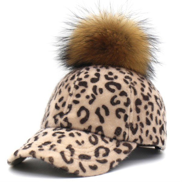 LEOPARD ANIMAL PRINTING FURY WARM POM POM BASEBALL CAP