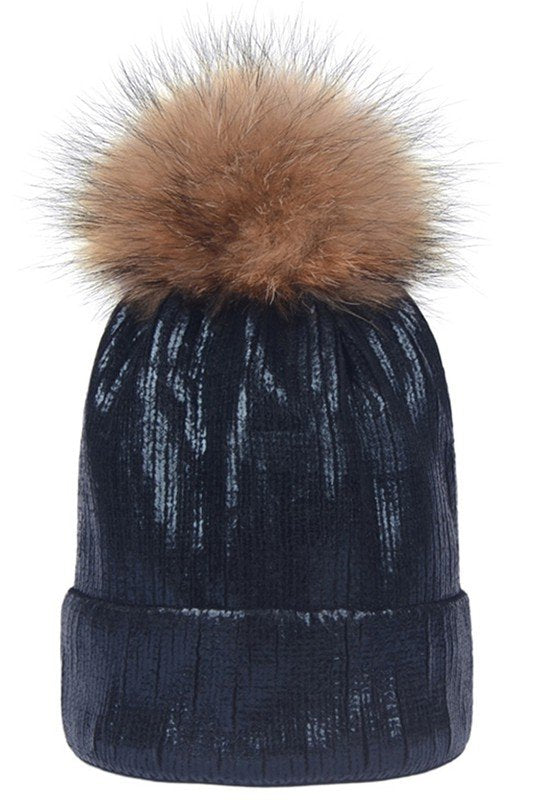 METALLIC SPARKLY FLUFFY POM POM BEANIE