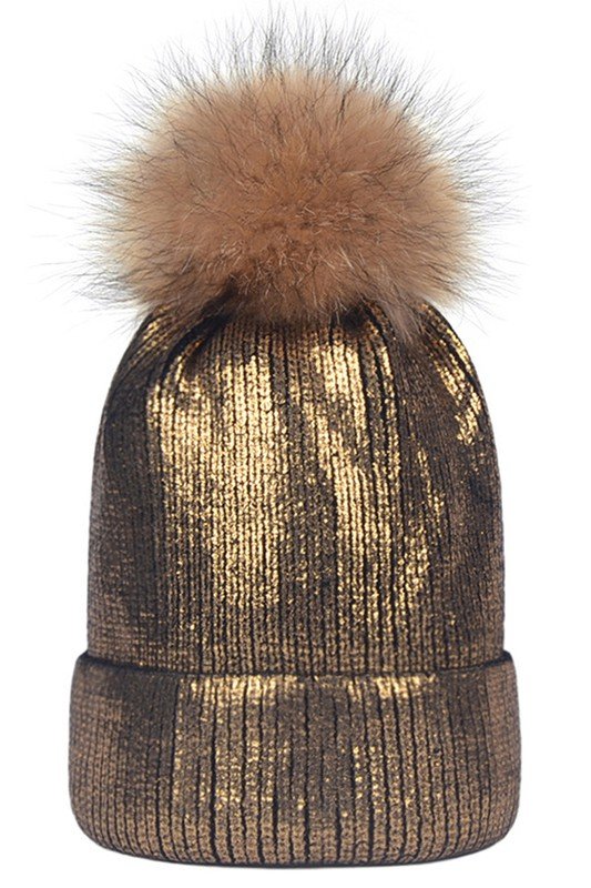 METALLIC SPARKLY FLUFFY POM POM BEANIE