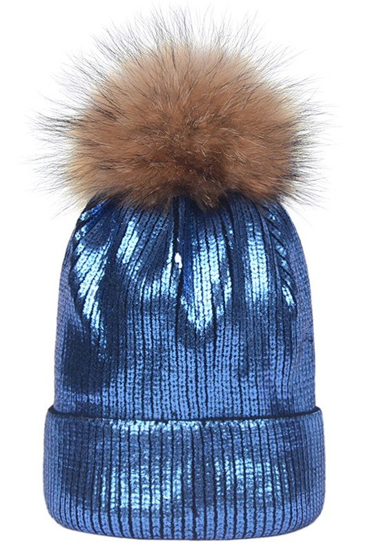 METALLIC SPARKLY FLUFFY POM POM BEANIE