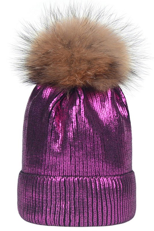 METALLIC SPARKLY FLUFFY POM POM BEANIE